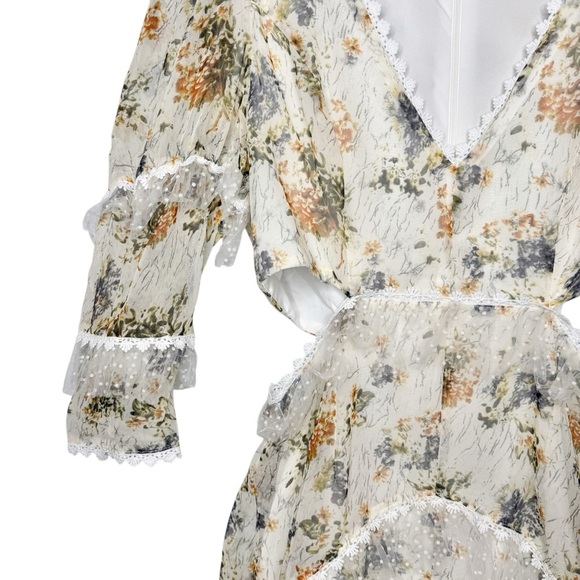 Seven Wonders Floral Ruffle Layered Women’s Cutout Long Sleeve Dress Sz L - Picture 6 of 13